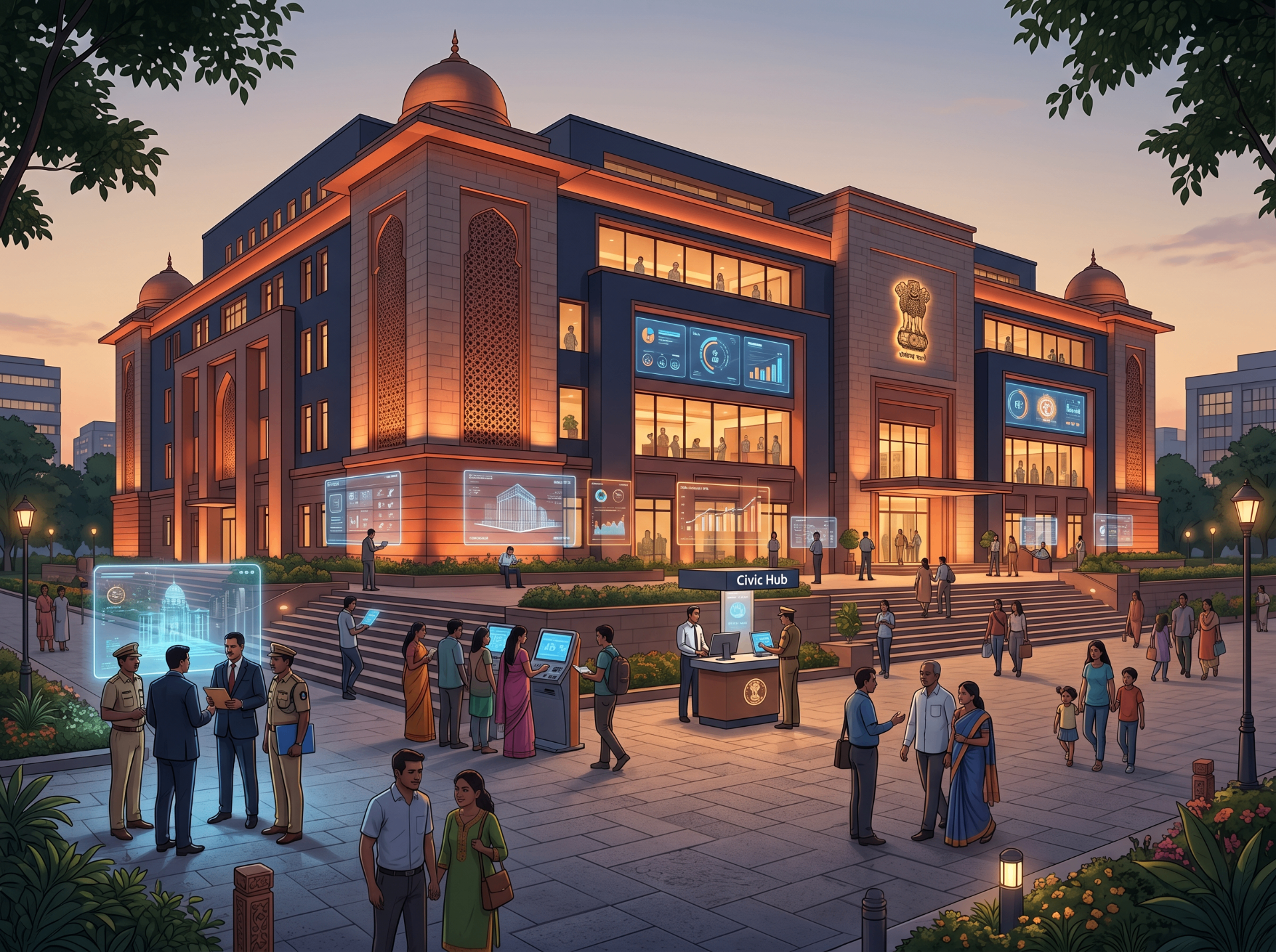 Modern government civic hub with digital services